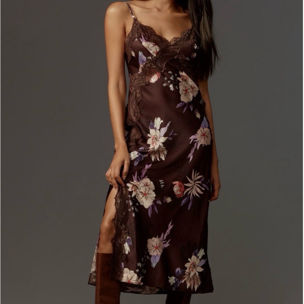 Anthropologie Hutch Satin Midi Dark Slip Dress